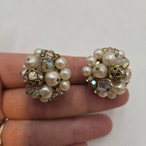 Vintage Laguna Sparkly Clip Dangle Earrings Crystal Pearl Beads 60s Rondel